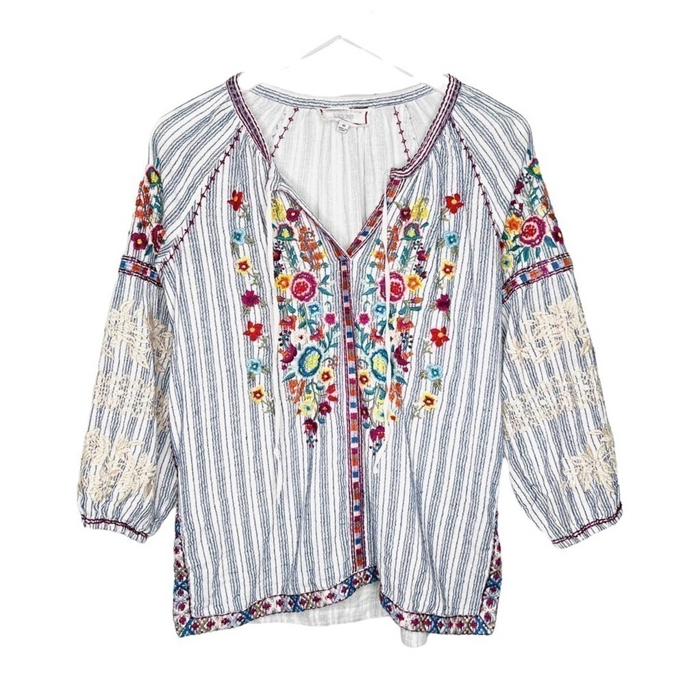 Johnny Was Allegra Peasant Blouse Embroidered Striped Size XS